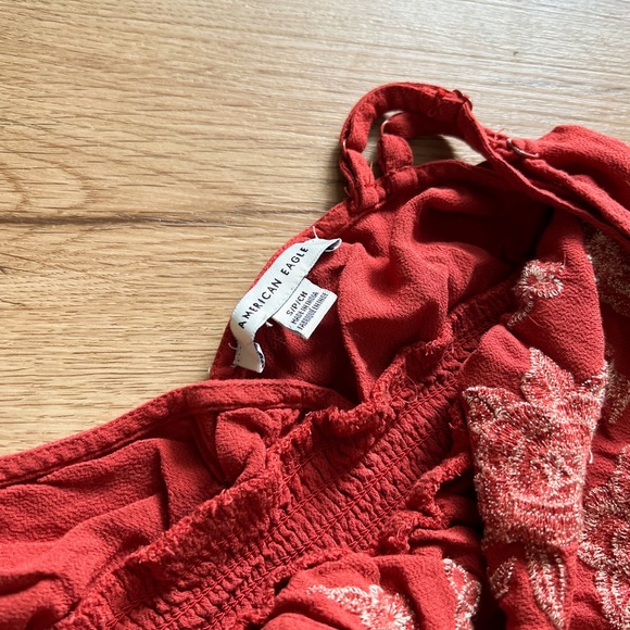 FINAL SALE American Eagle Boho Embroidered Rust Wide Leg Smocked Jumpsuit - Picture 4 of 8